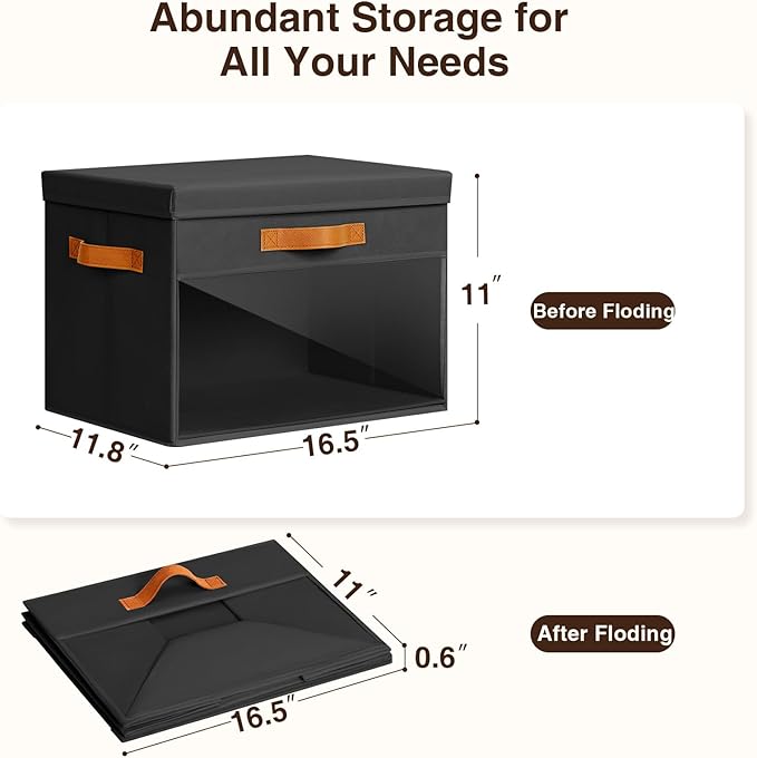 Homsorout Large Storage Bins with Lids - 6 Pack Foldable Decorative Organizers with Clear Windows & Handles, Cube Storage Organizers for Clothes, Blankets, Sweaters, CD, Black