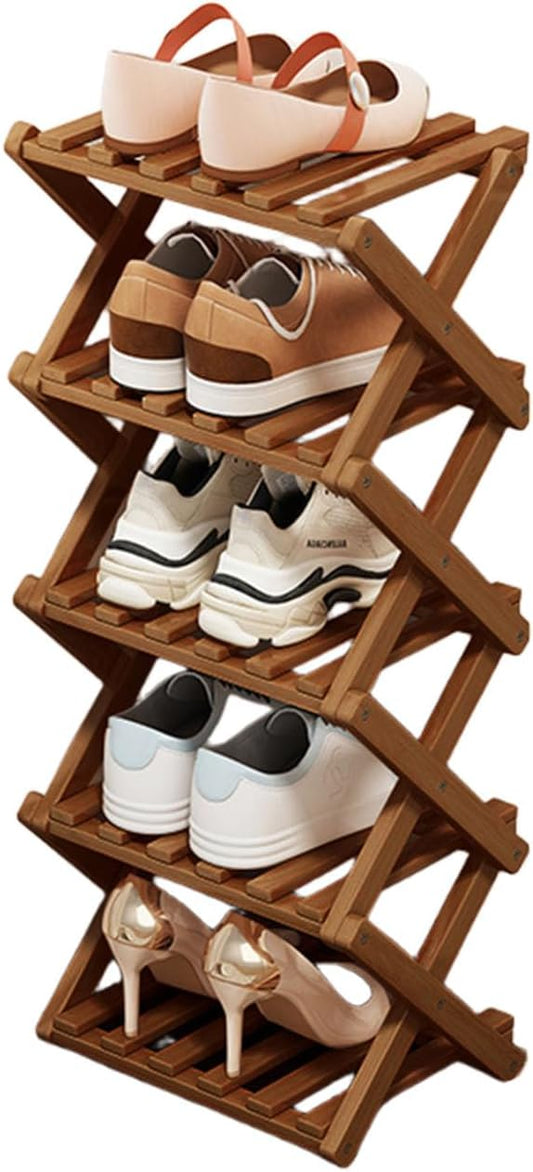 Comeon Bamboo Shoe Rack, Foldable Vertical Shoe Rack for Front Door Entrance Narrow Shoe Organizer Small Shoe Shelf for Entryway Shoe Storage Closet Multi-Tier (Brown Colors,5 Layers)