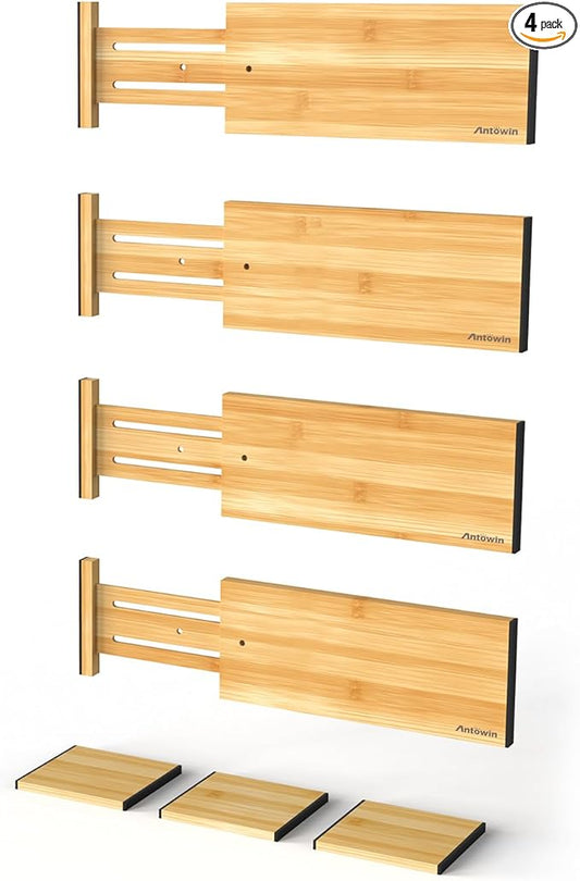 ANTOWIN 4 Pack Expandable Drawer Dividers, 4.7'' High, Extend from 12.2'' to 17.7'', Dresser Drawer Organizers, Bamboo Separators for Kitchen, Bedroom, Office, Bathroom (Natural)