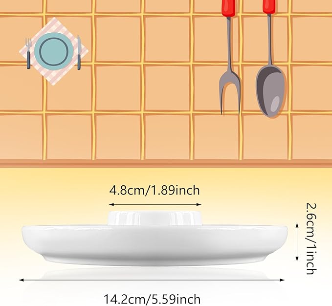 Cinf EggHolder & Spoon Set 2 Ceramic Egg Holders + 2 SS Spoons Breakfast Plate White 5.5'' Food Container Egg Tray Dinner Serving for Hard Boiled Eggs, Easter & Deserts Kitchen