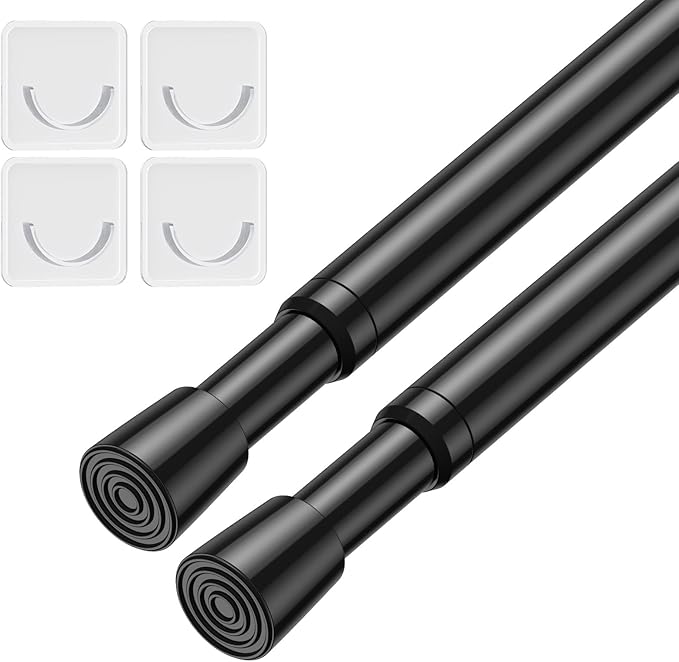 2Pack Tension Curtain Rod 26-39 Inch Adjustable Spring Loaded Curtain Rods No Drilling Extendable Curtain Rods for Window Bookshelf Kitchen Bathroom Closet Storage, Black