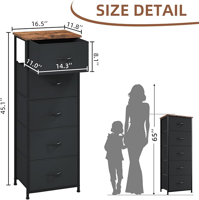 Somdot Tall Dresser for Bedroom with 5 Drawers, Storage Organizer Chest of Drawers with Removable Fabric Bins for Closet Bedside Living Room Laundry Entryway Hallway, Black Rustic Brown