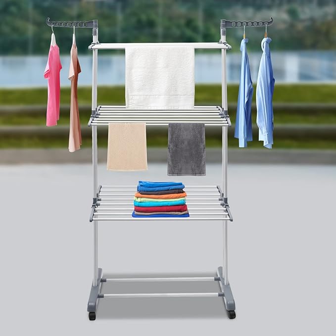 Clothes Drying Rack, 4-Tier Foldable Stainless Steel Drying Rack, Movable Laundry Drying Rack with 4 Casters (2 with Brakes), Heavy-Duty Drying Rack for Indoor Outdoor Use, Balcony, Patio, Bathroom