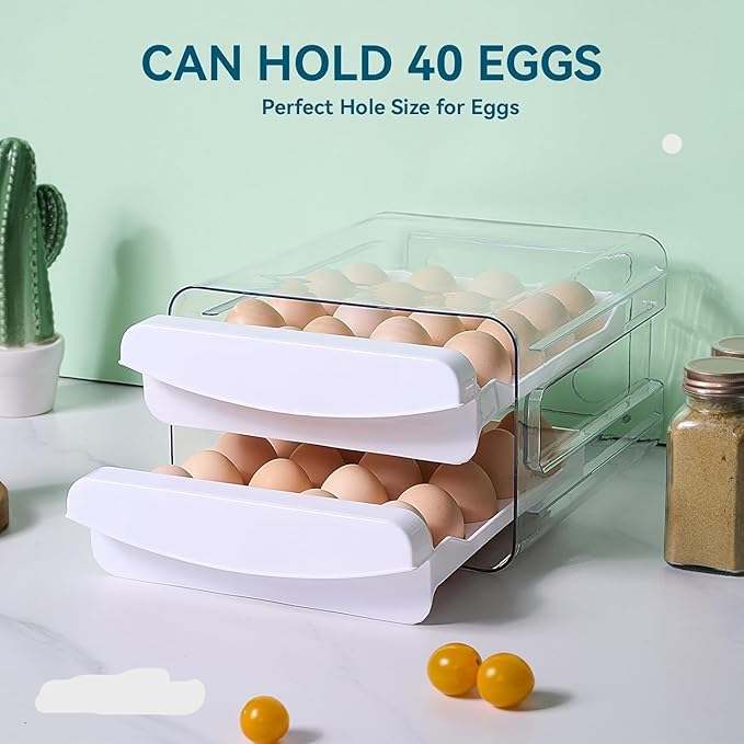SYLAB Egg Holder for Refrigerator - 40 Eggs Capacity, 2-Tier Stackable Auto-Rolling Egg Container with Drawer & Handles - Clear BPA-Free Egg Storage Organizer for Fridge, Kitchen Countertop & Pantry