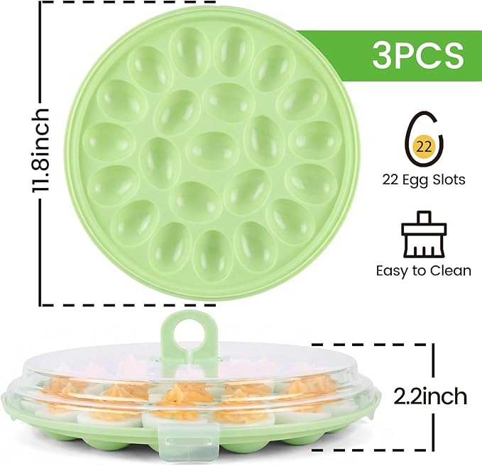 HANSGO Deviled Egg Containers with Lid, 3PCS Deviled Egg Platter Carrier Holder Trays with 66 Slots for Party and Home Kitchen, Green