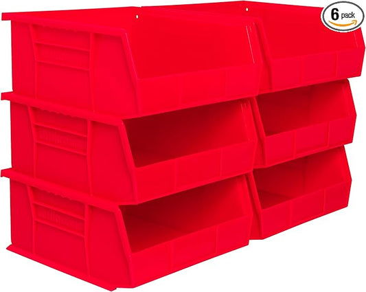 Akro-Mils 30235 AkroBins Plastic Storage Bins, Space-Saving Stackable Bins for Garage, Pantry, Craft Organization, 11" x 11" x 5", Red, 6-Pack