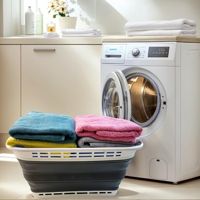 SAMMART 42L (11 Galloons) Collapsible Plastic Laundry Basket - Foldable Pop Up Storage Container/Organizer - Portable Washing Tub - Space Saving Hamper/Basket (White/Asphalt)