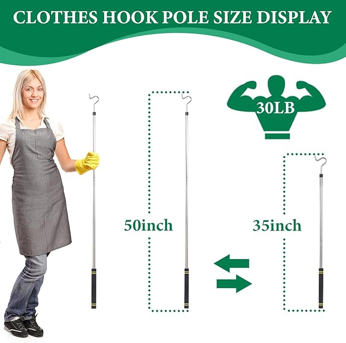 Clothes Hanger Reaching Hook,33 to 51Inch Clothing Hook Pole Long Christmas Light Hanging Extension Adjustable Clothes Rod Assist Tool Sponge Handle Shutters Pole Ceiling Home Reacher Poles