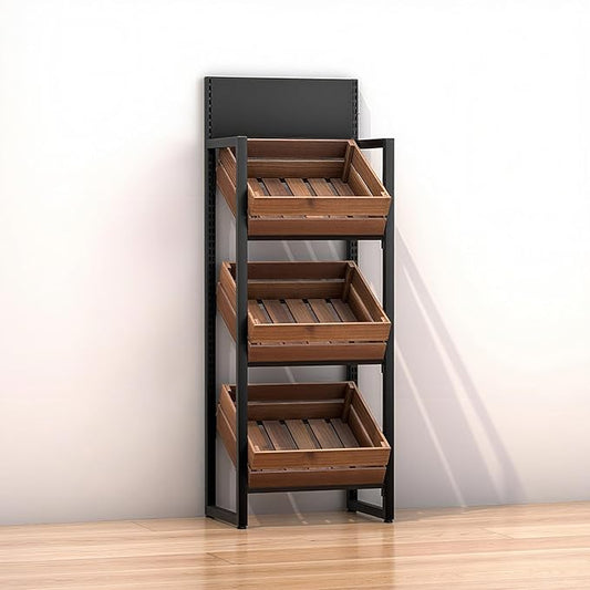 3/4 Tier Fruits & Vegetables Kitchen Shelf Rack Display,Retail Snack Stand, Large Solid Wood Floor Multi-layer Storage Frame for Commercial Supermarket(C-3 Tier)