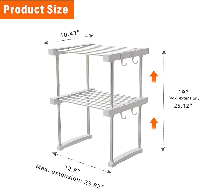 BLULEE Dual-Adjustable Cabinet Organizer Shelf,Expandable Width & Height Stackable Spice Rack with Snap-Lock,2-Tier Kitchen Organization and Storage for Under Sink,Countertop,Pantry,White,2Pack