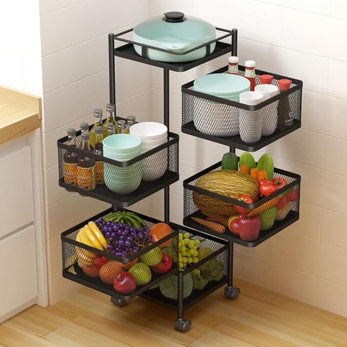 Rotating Rack with Lockable Casters & Removable Stainless Steel Basket, Fruit & Vegetable Storage Rack for Kitchen, Bathroom or Bedroom (Black, 5 Tier)