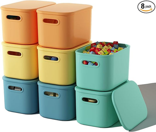 ORGIDOL 8 Pack Colorful Storage Bins with Lids Stackable Storage Container for Organizing, Storage Boxes with Handle for Shelves, Cute Storage Bin for Craft, Snacks, 9.85x6.9x5.7 inch