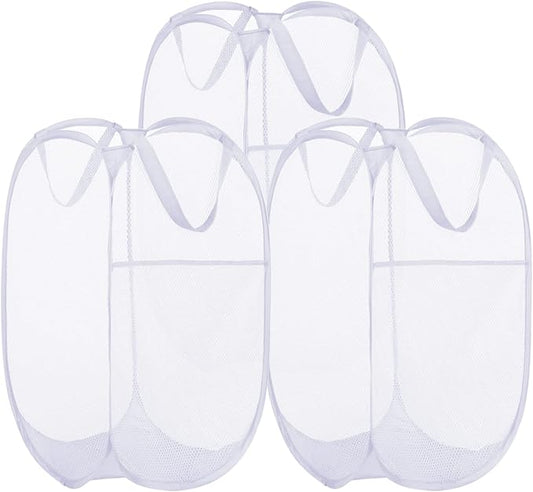 BATTOO Deluxe Strong Mesh Pop up Laundry Hamper Basket with Side Pocket for Laundry Room, Bathroom, Kids Room, College Dorm or Travel 3 Pack White