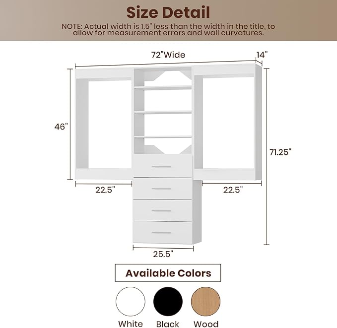 ROOMTEC Modular Closet System, 72" Wall-Mounted Closet Organizer with Drawers and Hanging Rods, Wooden Tower for Walk-In Closets, Wardrobe Storage Kit, White