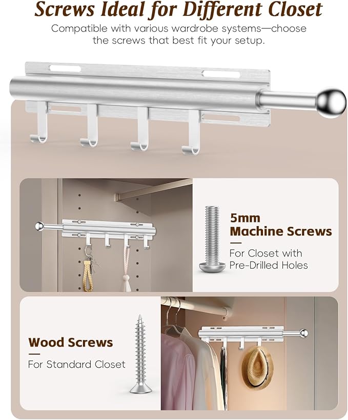 Supforce Valet Rod for Closets, 12" Valet Rod With 4 Hooks, Closet Organizer Slide Out Clothing Hanger Rods Extender Perfect for Suits,Dresses,Belt,Tie, White