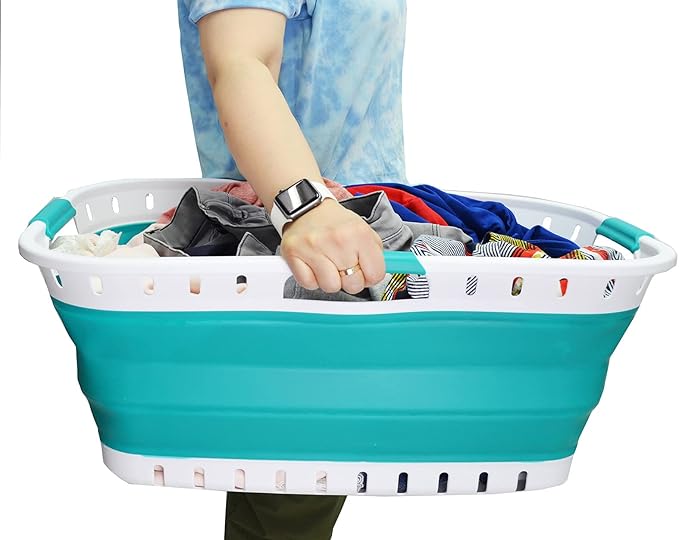 SAMMART 44L Collapsible Plastic Laundry Basket - Foldable Pop Up Storage Container/Organizer - Portable Hamper - (1, White/Bluish-Green), Size : 25.4 x 17.3 x 10.2 inches