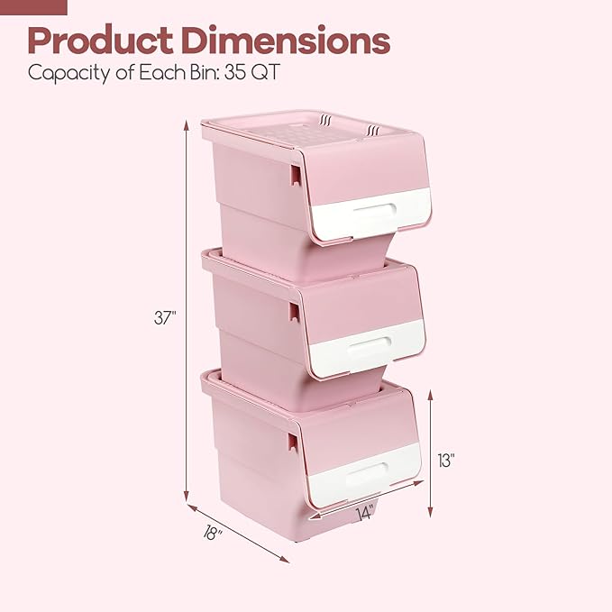 Giantex Plastic Stackable Storage Bins with Lids & Wheels, 6 Pack Open Front Stacking Bins, Organizer Bins for Pantry, Kitchen, Laundry, Closet, Playroom, Bedroom Organization (35 QT)