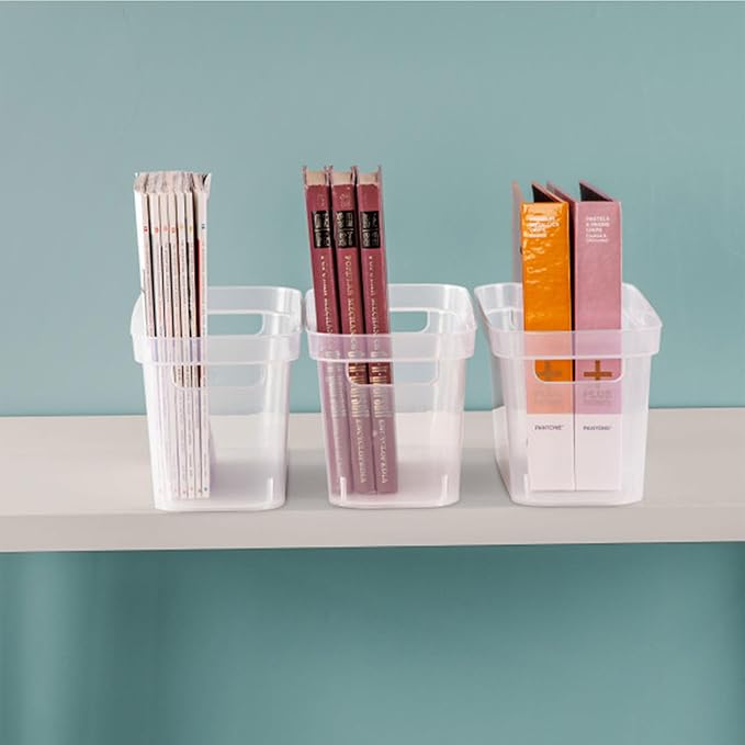 Sterilite 6.25x6.25x15 Inch Narrow Modern Storage Bin with Comfortable Carry Through Handles and Banded Rim for Household Organization, Clear (8 Pack)