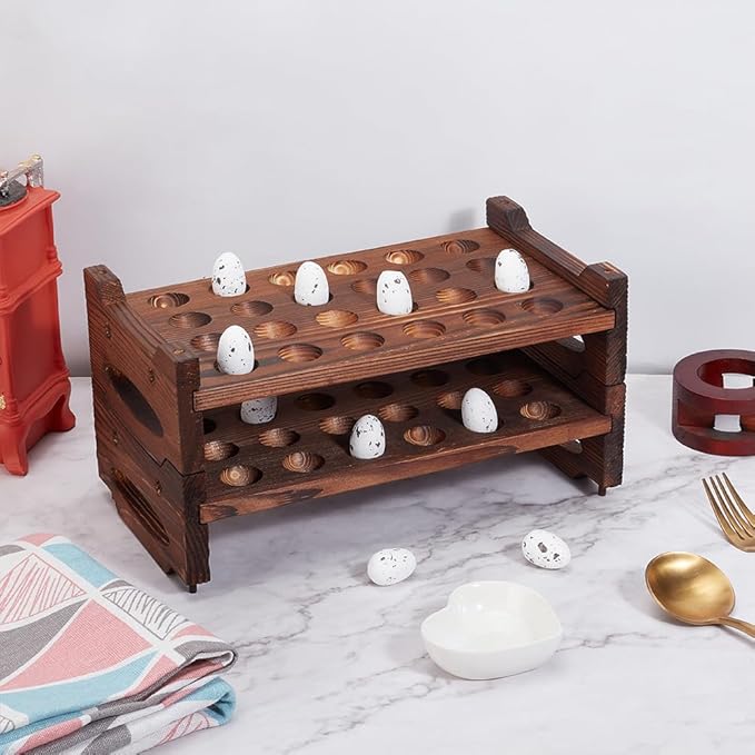 BENECREAT 48 Slot 2 Tier Stackable Wooden Quail Egg Holder Rack, Rustic Brown Egg Organizer for Kitchen Storage Display