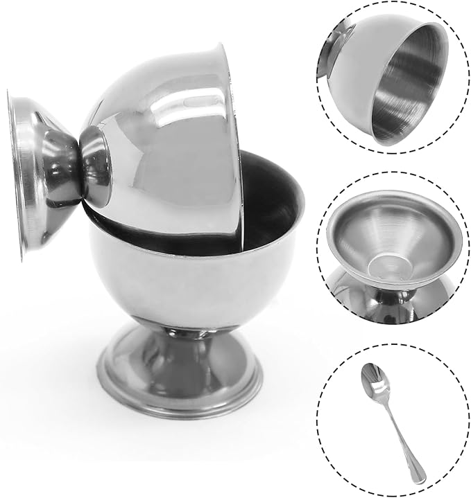 Bonsicoky Silver Egg Cups and Spoons Set of 8 - Stainless Steel Egg Holder with Spoons - Egg Tray Kitchen Tool for Soft & Hard Boiled Eggs