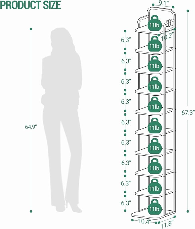 Hzuaneri 10 Tiers Vertical Shoe Rack, Narrow Shoe Tower, Tall Shoes Shelf with 2 Hooks, Adjustable Shelves, Corner Shoes Shelves for Small Spaces, Entryway, Living Room, Greige SR11205B
