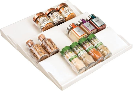mDesign Expandable Plastic Deluxe Spice Rack, Drawer Organizer for Kitchen Cabinet Drawers, 3 Tier Slanted for Spice Jars, Food Seasoning Bottle Storage, Ligne Collection - Cream/Beige