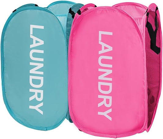 Collapsible Laundry Hamper 2 pack Mesh Pop Up Laundry Hamper with Handles, Foldable Laundry Basket for Bedroom, College Dorm, RV, Travel (Pink + Sky Blue)