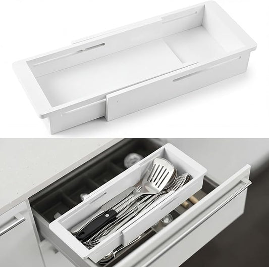 LemonRoad 2 Pcs Sliding Drawer Organizer Bin Bamboo Drawer Expandable Bins Utensil Organizer for Kitchen Spoons Forks Knives (White)