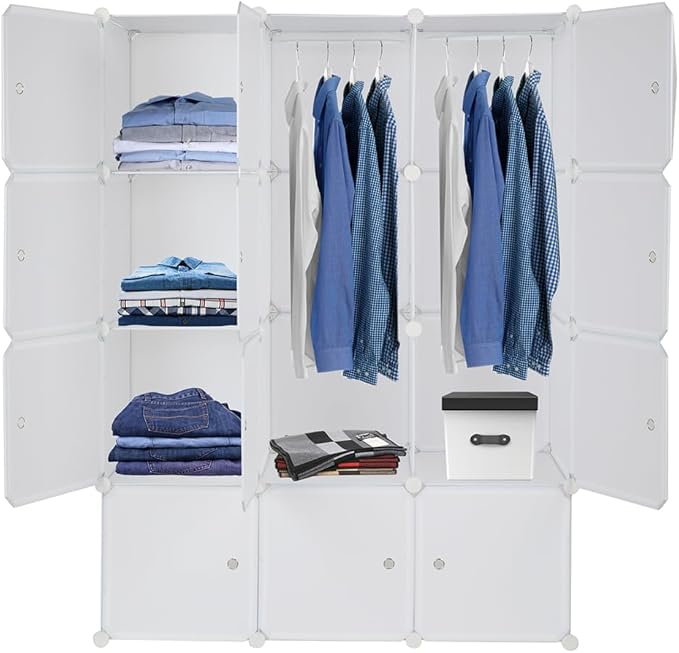 12 Cube Storage Organizer, Stackable Storage Shelves with Hanging Rod Customizable Closet Cabinet Durable Steel Frame Multi-Use DIY Design 13.8 inch Panels Max 10lb Capacity per Cube White