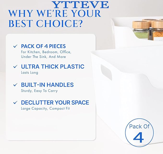 Ytteve XL - 4 Pack White Plastic Bins - 13.7 x 10.2 x 5.7 inch - Closet, Kitchen, Pantry, Bathroom & Office Storage Containers - Cabinet & Shelf Organizers