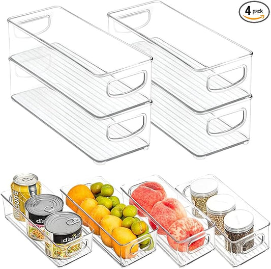 mDesign Plastic Long Stackable Storage Organizer Container, Organization Bin w/Handles for Kitchen, Pantry, Fridge, Freezer, Cabinet, Perfect to Hold Breast Milk - Ligne Collection - 4 Pack, Clear
