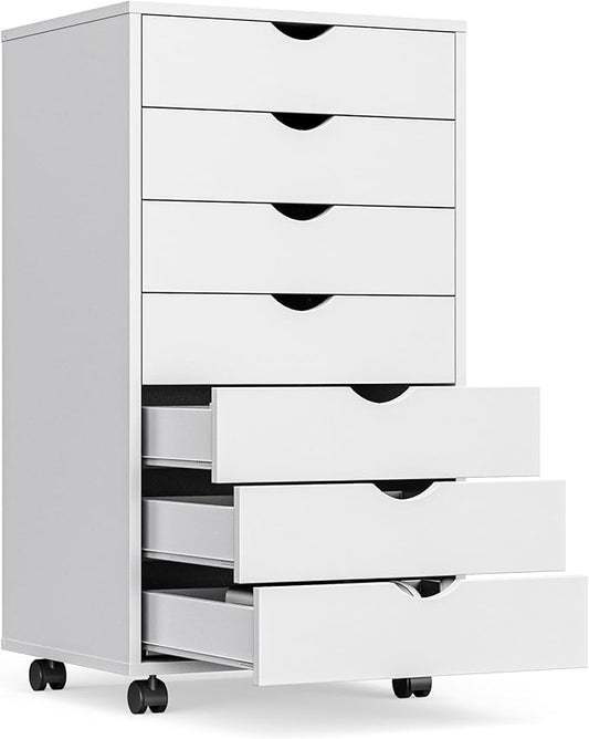 OLIXIS 7 Drawer Mobile File Cabinet Under Desk Storage Organization with Wheels Vertical Filing Chest Rolling Wood Small Desk Printer Stand for Home Office, 15.75"D x 18.74"W x 34.25"H, White
