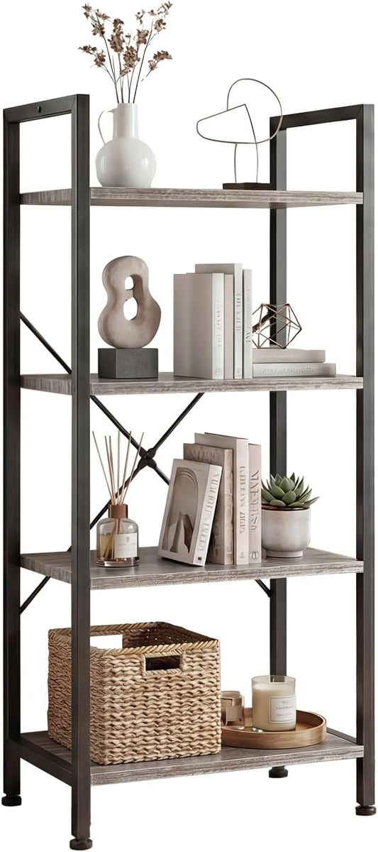 DUMOS 4 Tiers Bookshelf, Classical Book Shelf, Tall Display Shelves in Living Room/Home/Office, Storage Organizer for CDs/Books/Movies, Wood Grey