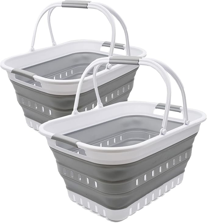 SAMMART 29L (7.6 Gallon) Collapsible Tub with Handle - Portable Outdoor Picnic Basket/Crater - Foldable Shopping Bag - Space Saving Storage Container (White/Grey (Set of 2), 2)