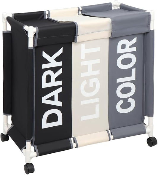 Laundry Basket 3 Section Freestanding Laundry Hamper Dirty Clothes Basket Sorter with Lid and Rolling Wheel, White+Dark+Grey