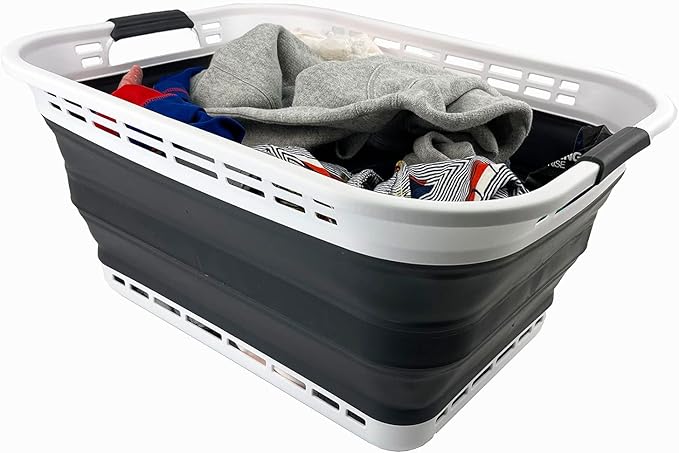 SAMMART 42L (11 Galloons) Collapsible Plastic Laundry Basket - Foldable Pop Up Storage Container/Organizer - Portable Washing Tub - Space Saving Hamper/Basket (White/Asphalt)