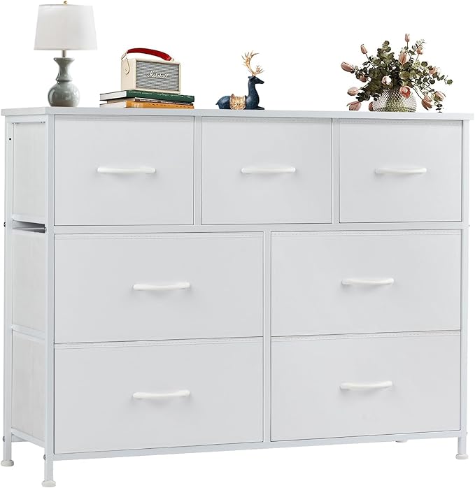 OLIXIS 7 Drawer Dresser for Bedroom, Wide Fabric Storage Tower with Wooden Top and Metal Frame, Closet Chest Organizer Furniture, TV Stand for Living Room Hallway, White