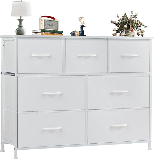 OLIXIS 7 Drawer Dresser for Bedroom, Wide Fabric Storage Tower with Wooden Top and Metal Frame, Closet Chest Organizer Furniture, TV Stand for Living Room Hallway, White