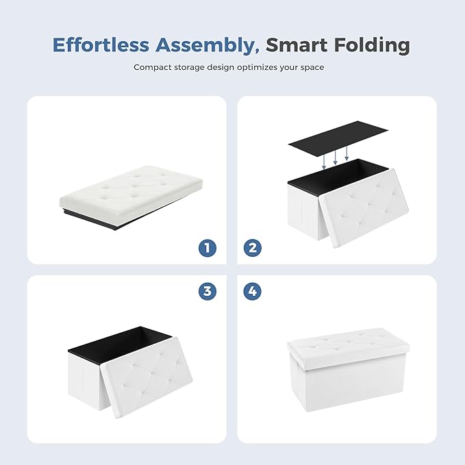 DUMOS 30 Inches Folding Ottoman with Storage Bench, Foot Rest Stool, End of Bed Storage Bench Upholstered, Load 660 lbs, for Living Room, Lychee Grain Leather, Beige