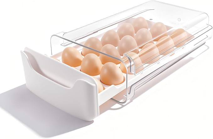 Egg-Holder for Fridge, 18-Count Egg-Storage for Refrigerator Countertop, 1 Tier Dispenser with Drawer, Stackable Clear Egg Tray Container, Egg Organizer, Fits Large Eggs, White