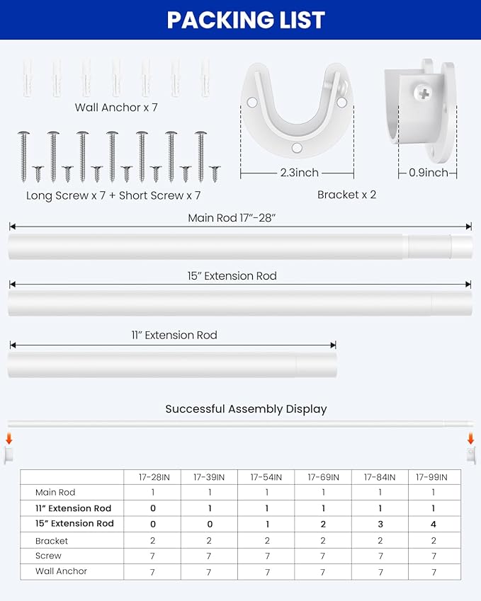 Supforce Closet Rods for Hanging Clothes, 17 to 84 Inches Stepless Adjustable Metal Closet Rod, 1.3 Inches Heavy Duty Clothes Hanging Rod for Closet Wardrobes Laundry RV, White