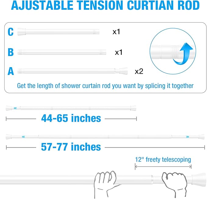 MEXAU Shower Curtain Rod 44-77 inch Tension Rod White Shower rod Non Slip Tension Curtain Rod Adjustable Curtain Rods No Drilling Shower Rods for Bathroom Windows Closet 1Pack