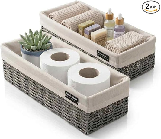 Brookstone Wicker Storage Basket Two Pack Set, Bathroom and Closet Organizers and Storage Bins with Fabric Liner, Grey
