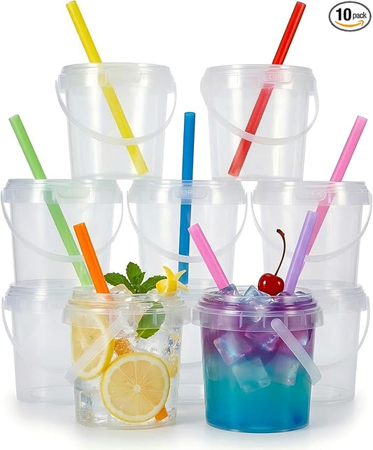 ASEVAT 10 Pack 34oz Clear Plastic Drink Buckets with Dual-Lid System, Reusable 1L Cups with Lids and Straws, Leakproof Bucket Cups for Boba Bubble Tea, Smoothies, Iced Coffee