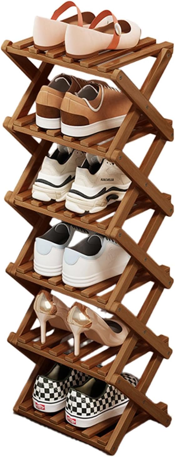 6 Tier Natural Bamboo Shoe Rack,Foldable Space Saving Shoe Storage Organizer,Easy Assembly & Strong Design Shoes Stand Shelf Organiser for Closet (Brown, Six Layers)