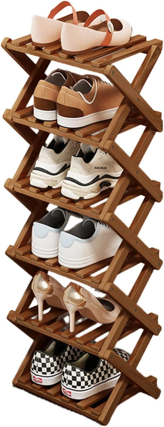 6 Tier Natural Bamboo Shoe Rack,Foldable Space Saving Shoe Storage Organizer,Easy Assembly & Strong Design Shoes Stand Shelf Organiser for Closet (Brown, Six Layers)