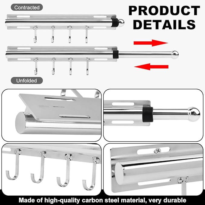12 Inch Valet Rod for Closet Pull Out, Retractable Slide Out Clothes Hanger with 4 Hooks, Closet Rods for Hanging Clothes Laundry Room, Bedroom, Bathroom(COLOR:Sliver)