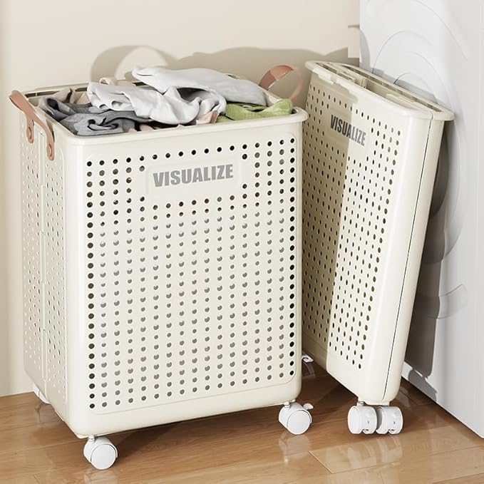 BOHOIDEE Large Foldable Laundry Hamper with Wheels and Handle, Collapsible Rolling Laundry Basket, Versatile Portable Storage Basket for Laundry/Bathroom