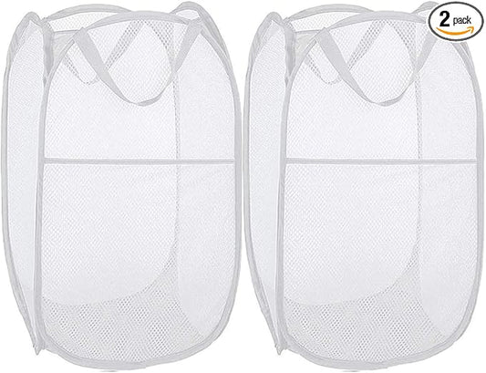 BATTOO Deluxe Strong Mesh Pop up Laundry Hamper Basket with Side Pocket Foldable Hamper for Laundry Room, Bathroom, Kids Room, College Dorm or Travel White + White