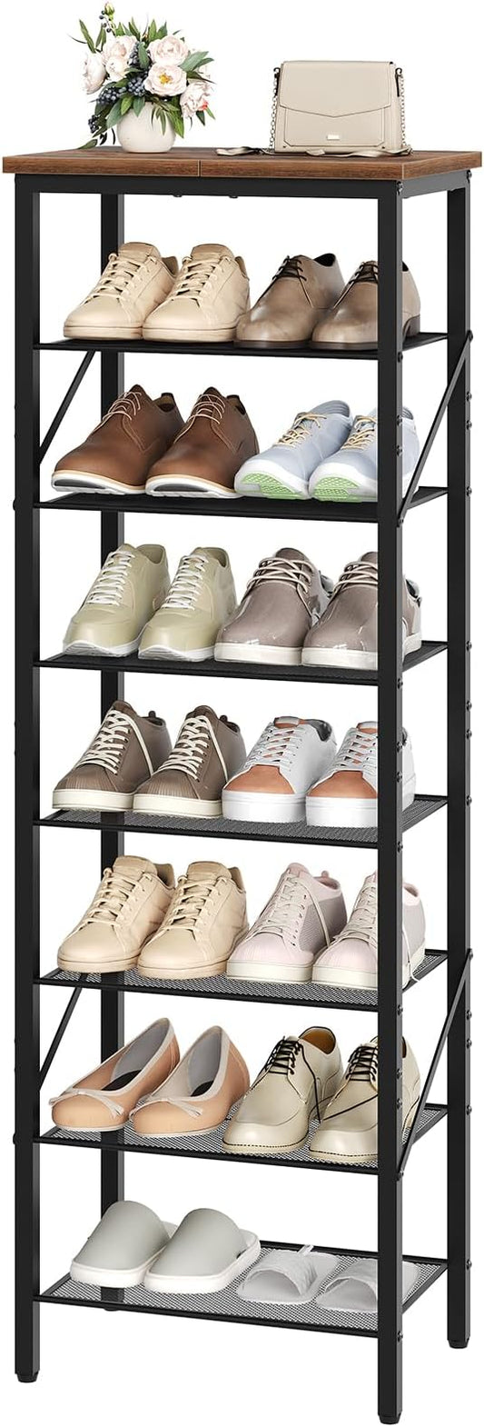 MAHANCRIS 8 Tier Narrow Shoe Rack Organizer, Tall Slim Shoe Storage for Small Space, Holds 8-16 Pairs, Metal Shoe Shelf with Wooden Top for Entryway Closet Bedroom, Rustic Brown and Black SRHR08401